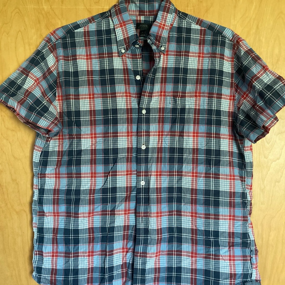 Plaid button-down colored shirt, short sleeves
